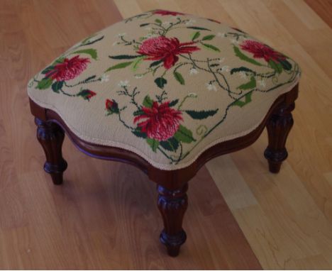 Timber footstool with Australian waratah tapestry top, 50cm x 50cm
