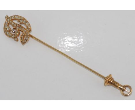 14ct Yellow gold & diamond 'D" stick pin 8.5cm high, 5.4gm approx