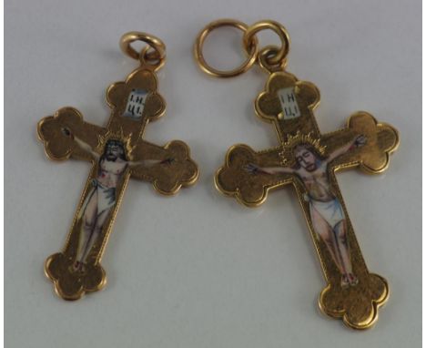 Two Russian 14ct gold & enamel crucifix Largest 4cm high. Total weight 12gms approx. Russian hallmarks to backs.