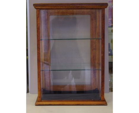 Vintage oak counter top showcase with2 glass shelves. W48cm X D38cm X H67cm approx