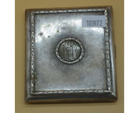 German silver cigarette case Marked 900, maker BC. Embossed garland decoration, monogrammed.  W