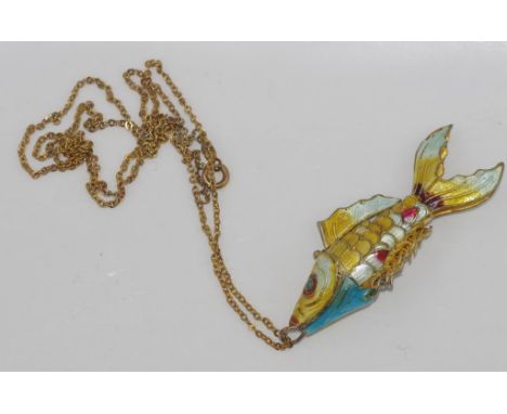 Silver gilt and enamel articulated fish charm on fine gold plated chain, L60cm approx