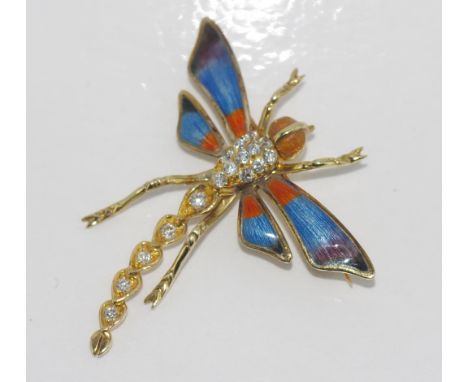 9ct yellow gold, enamel & diamond dragonfly brooch with articulated body, 4cm long, 6gms total weight approx.