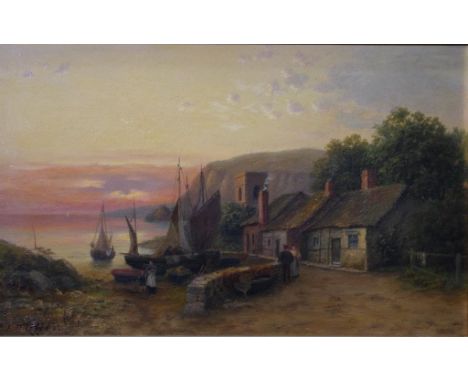 Frances R. Offer, Coastal village scene oil on board, signed lower left, 24cm x 39cm