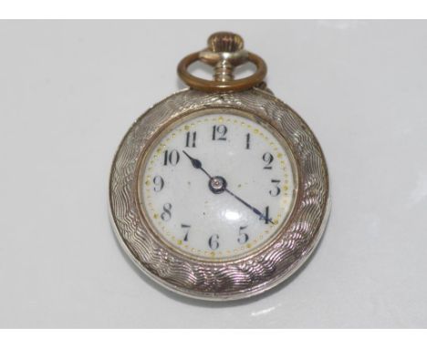 Ladies silver & enamel pocket watch rear has mauve enamel with gold fleur-de-lis pattern- minor damage on edges, enamel dial,