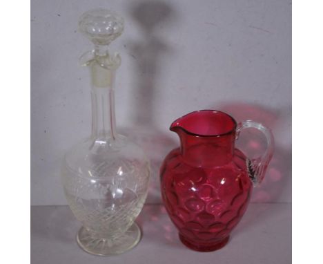 Vintage Cranberry glass jug 16cm high approx., & a cut glass decanter