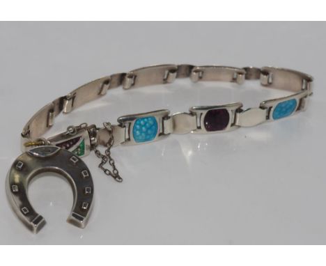Silver & enamel bracelet with horseshoe pendant