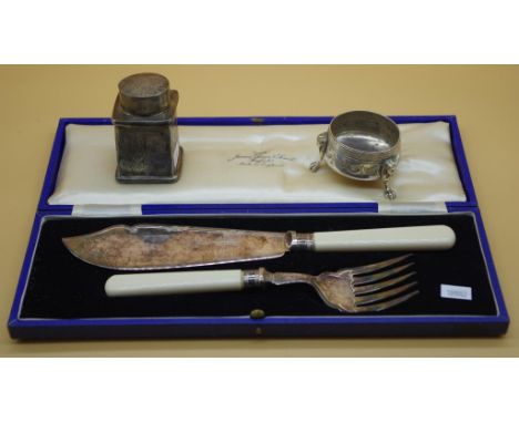 Cased set of silver plate & bone fish servers maker James Dixon of Sheffield, together with a salt cellar & caddy