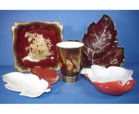 Carltonware 'Rouge Royale' vase & bowl together with 3 Carltonware leaf dishes, vase 14cm high approx.