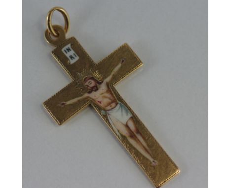 Russian 14ct yellow gold & enamel crucifix hallmarks to back, 9.4gm, 5.3cm long.