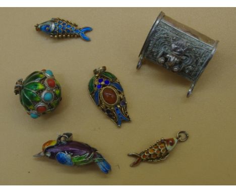 Five Chinese export silver & enamel charms 2 with semi precious stones, together with one other Chinese silver charm