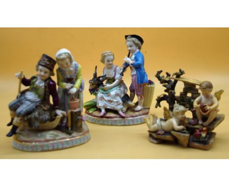 Three various Sitzendorf figural groups including woman and axe man; woman with musician; & putti in a garden. H16cms (talles