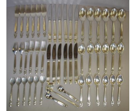 Georg Jensen 'Acorn' sterling silver cutlery set for 6, comprising of 3 types of forks, 3 types of spoons, 2 types of knives 