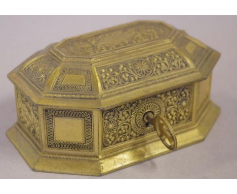 Vintage ornate brass sarcophagus shape trinket box together with key, 11.5cm X 7.5cm approx.