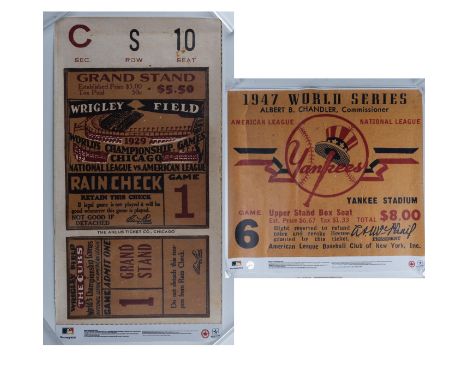 2 oversized wall decal replica tickets of the 1929 and 1947 World Series. The 1929 ticket was a Rain Check ticket for Wrigley