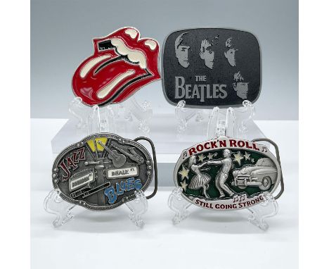 A vibrant collection of four music-themed belt buckles, celebrating legendary bands and musical styles. Each buckle is a trib