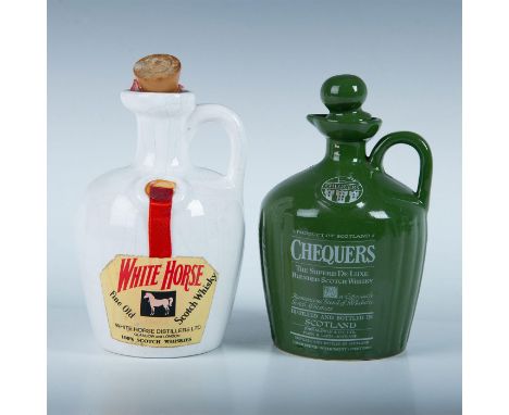 Elegant green ceramic decanter crafted for Chequers Superb de Luxe Blended Scotch Whisky and White Horse Fine Old Scotch Whis
