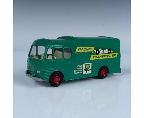 1960's Matchbox truck transporting a LeMans M-6 racer. Large 5.25"L Kelly green BP truck has a ramp that can transport other 
