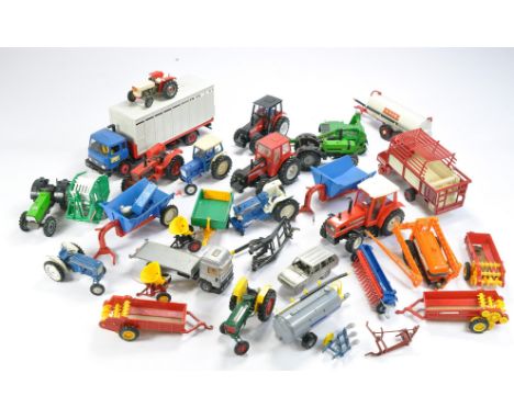 Britains Farm, to include a group of 'played with' tractor and implement issues. Some with obvious signs of wear and fault, o