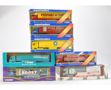A group of 7 Corgi Diecast Truck issue comprising 1) No. 59519 Cadburys Boost Bike Team Volvo Race transporter in livery of C