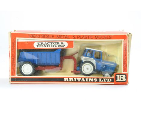 Britains Farm No. 9360 Ford 5000 Tractor and Rear Dump Set. Wheel melt but still very good in generally fair box (notable wea
