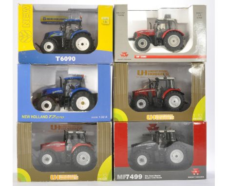 A group of six model tractor issues from ROS and Universal Hobbies including Massey Ferguson, New Holland etc. All with minor