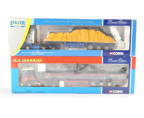 Corgi Diecast Model Trucks issue comprising No. CC12223 Scania Dropside Crane Trailer in livery of A.E Hawkins LTD plus No. 7