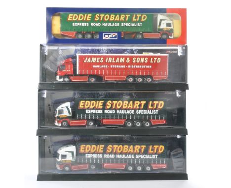 A group of four boxed commercial diecast from Corgi and Tekno to include three trucks in Eddie Stobart livery plus one other.