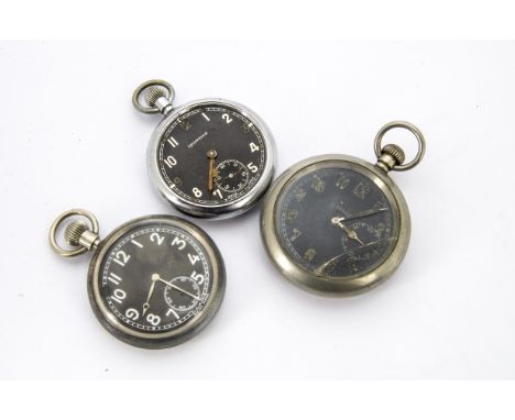 Three WWI period military issue open faced pocket watches, each base metal with broad arrow and numbered, one Leonidas, all A