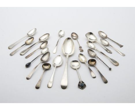 A collection of Georgian and later silver and other spoons, including a nice Arts & Crafts example with flower head finial, a