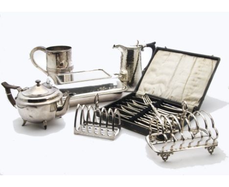 A collection of Georgian and later silver plated items, including a large twin handled tray, a soup ladle, large tankard, two