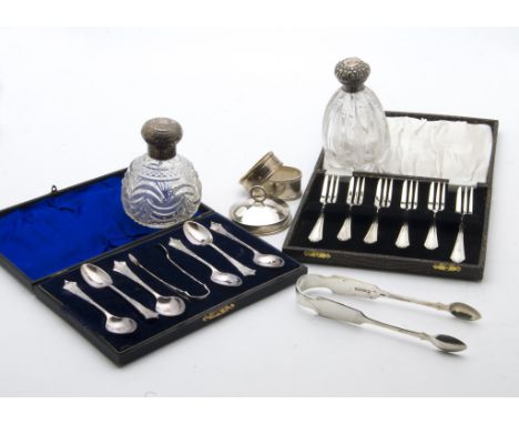 A collection of Victorian and later silver and silver plated items, including two glass and silver mounted scent bottles, a c