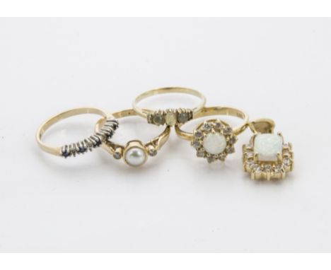 Five gold and yellow metal and gem set items of jewellery, including an opal and white sapphire cluster ring, marked 14ct, a 