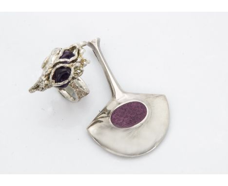 A modern Norwegian silver and enamel pendant by David Andersen, mallet shaped with purple panel, 5.8cm, together with a Scand