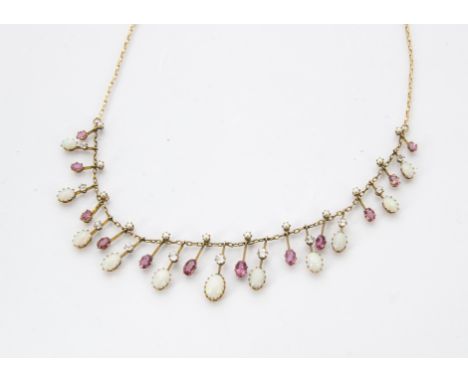 A pretty 9ct gold opal and gem set fringe necklace, the lower section with drops of opals, clear stones, possible white sapph