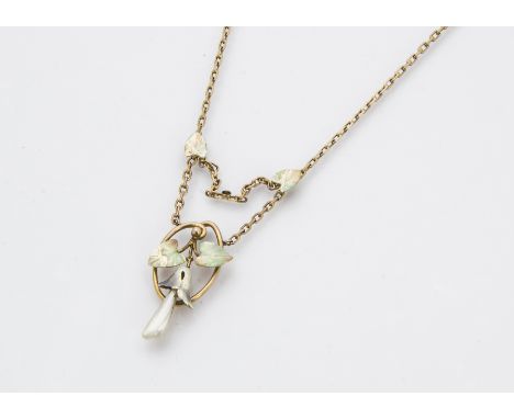An Edwardian gold and enamelled necklace, the lower section with two enamelled lily pads above an pendant with two further li