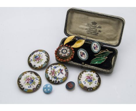 A set of four large early 20th century enamelled buttons, together with a pair of enamel earrings, in a box, two pairs of sil