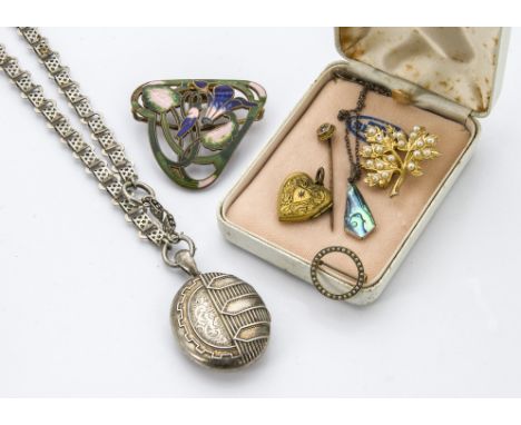 A late Victorian silver locket on choker chain necklace, together with a gold stick pin, small circular seed pearl brooch, on