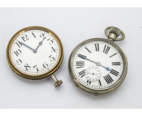 An Art Deco period dash board clock, together with a similar period goliath open faced pocket watch, both appear to run, crac