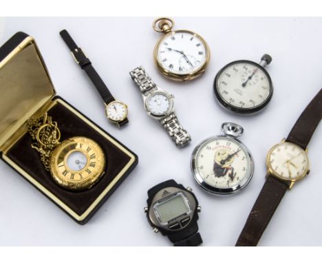 A group of seven watches and a stopwatch, including a gold plated pocket watch, a Guinness Time pocket watch, a gilt pocket w