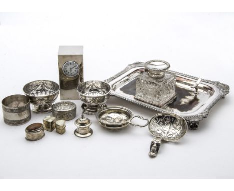 A collection of Georgian and later silver and silver plated items, including two silver circular footed salt bowls, a tea str