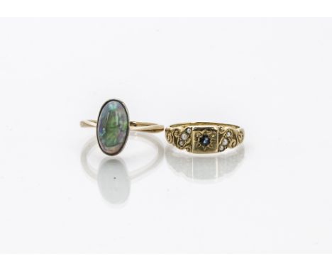 A 9ct gold sapphire and seed pearl ring, together with a gold and opal single stone ring, 5g (2) 