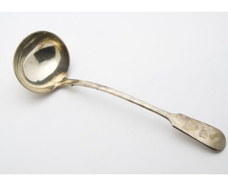 A late Victorian silver soup ladle by WHB, fiddle pattern, London 1890, bearing initials and dated 1924, 9.8 ozt 