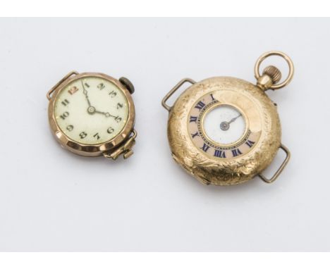An Edwardian 15ct gold lady's pocket watch, converted with applied lugs to take a strap, enamel damaged, together with a 9ct 