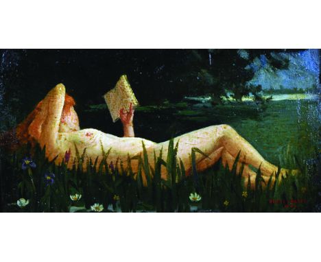 Dewey Bates (1851-1899) British. A Reclining Naked Girl by the River, Reading a Book, Oil on Panel, Signed and Dated 1890, 5"