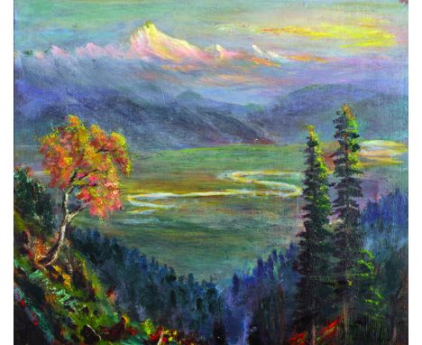 Randolph Bezzant Holmes (1888-1973) British. "Dawn on Nanga Parbat, Kashmir, seen from Gulmarg", Oil on Panel, Inscribed and 