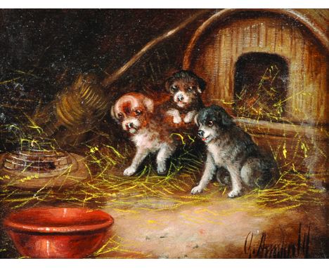 After George Armfield (1808-1893) British. Puppies Looking Pensively at a Rat in a Trap, Oil on Panel, bears a Signature, 8" 
