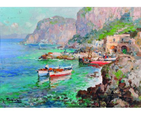 Giuseppe Salvati (1900-c.1968) Italian. An Italian Coastal Scene, with Figures in Boats, Oil on Panel, Signed, 9.5" x 13.5".