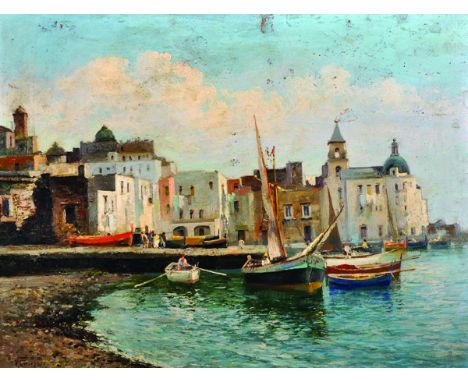 V... Ganino (20th Century) Italian. Figures in Boats, Oil on Panel, Signed, 16" x 20.5".