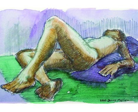 Eric James Mellon (1925-2014) British. A Reclining Nude on a Green Carpet, Watercolour over a Print, Signed in Pencil, 4.5" x